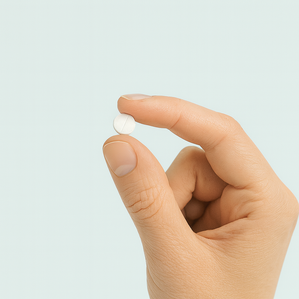 Hand holding a white pill between two fingers