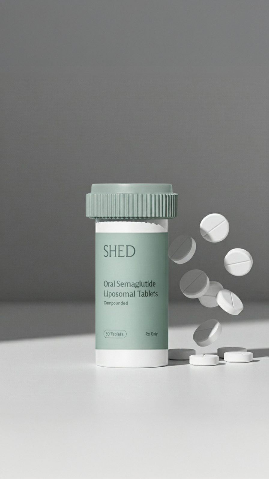 Medication bottle with white tablets floating next to it