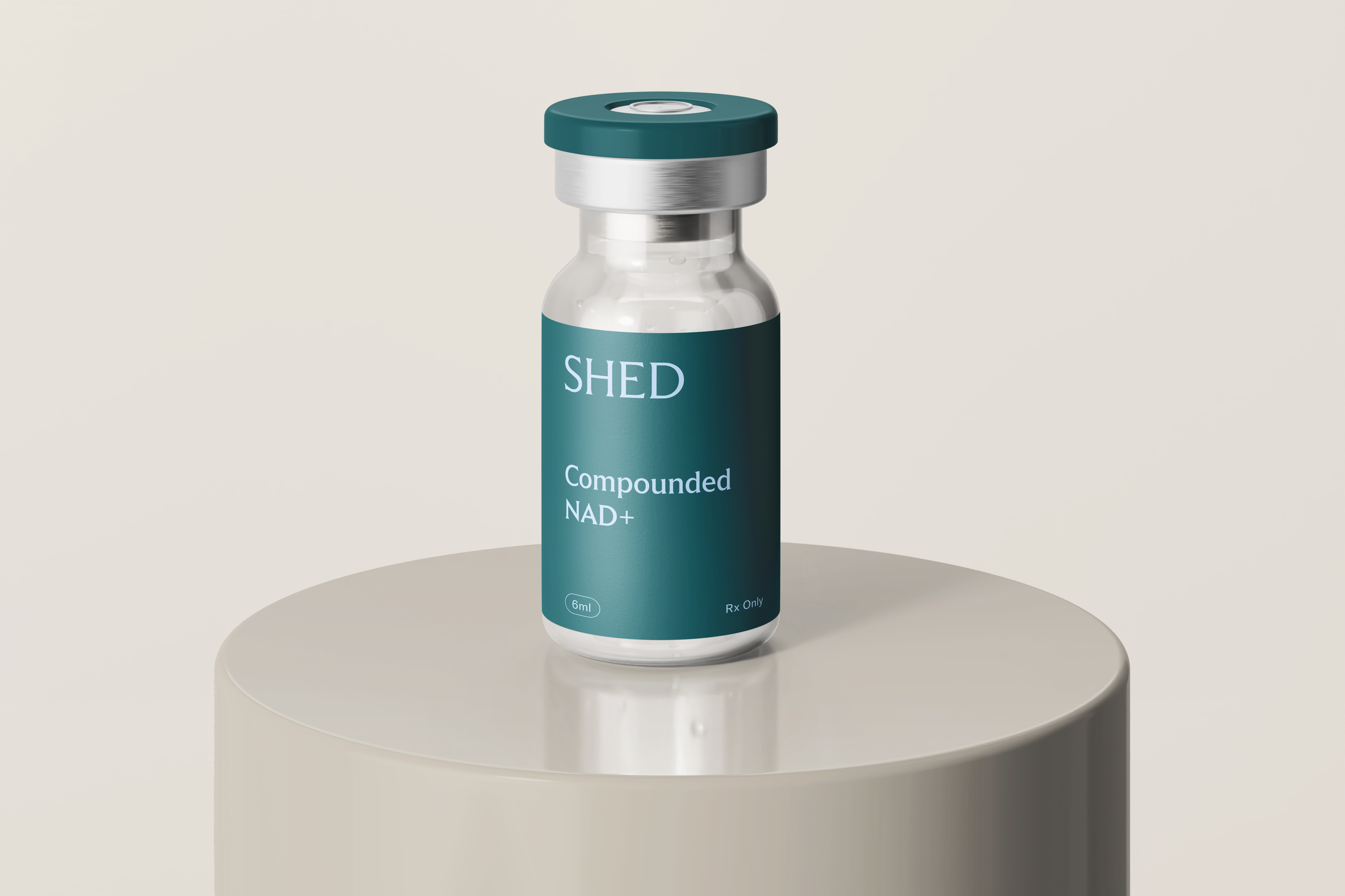 Vial of Compounded NAD+ on cream table