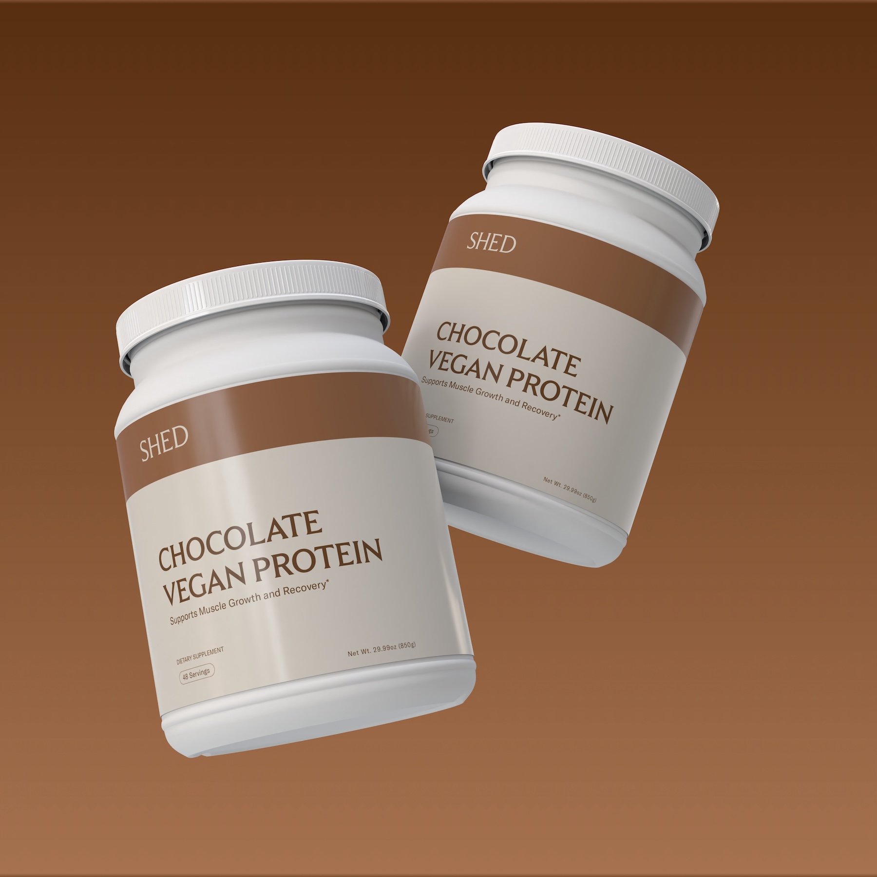 2 canisters of chocolate vegan protein floating in the air