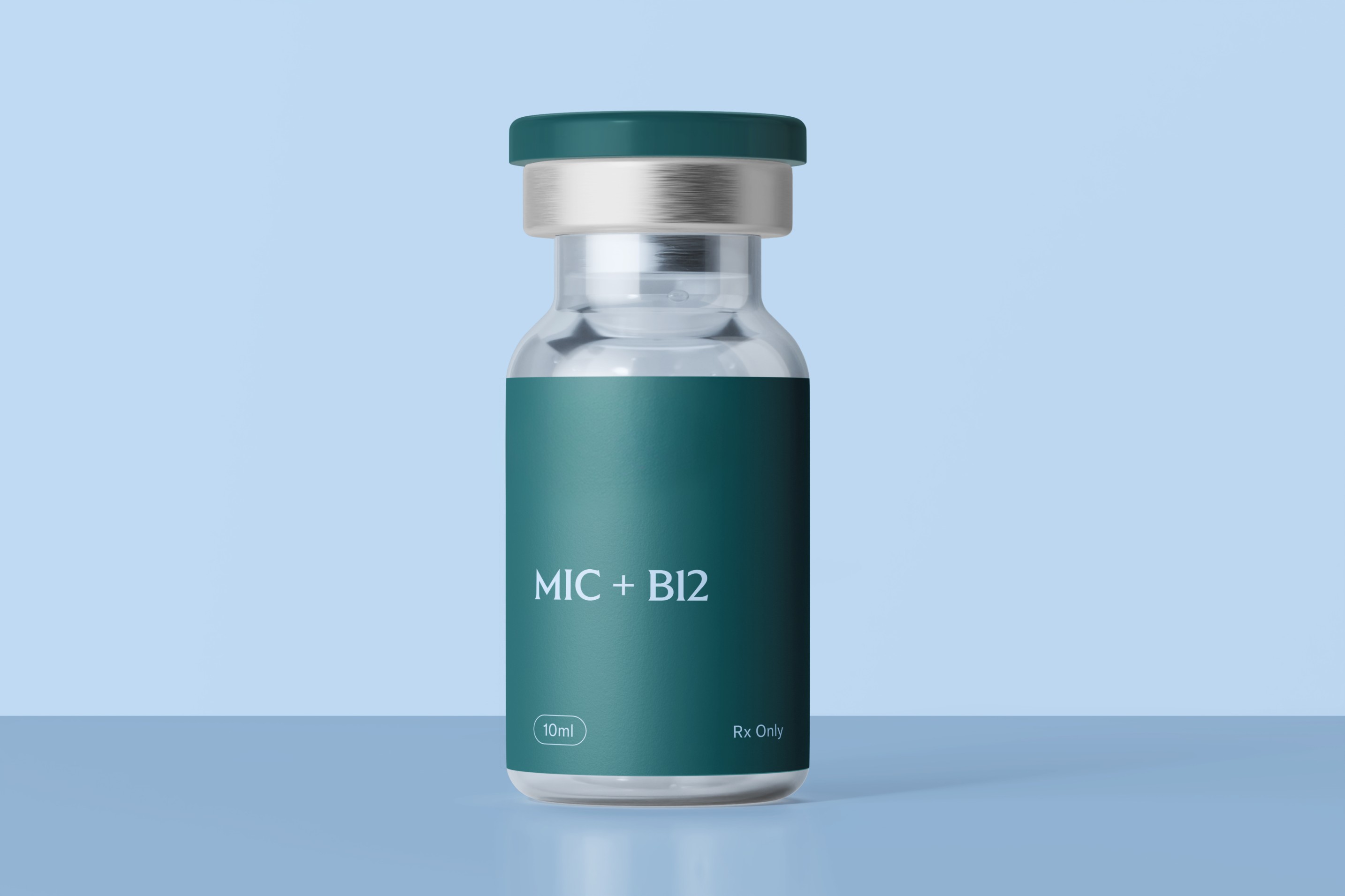 Vial for MIC + B12 medication on blue background