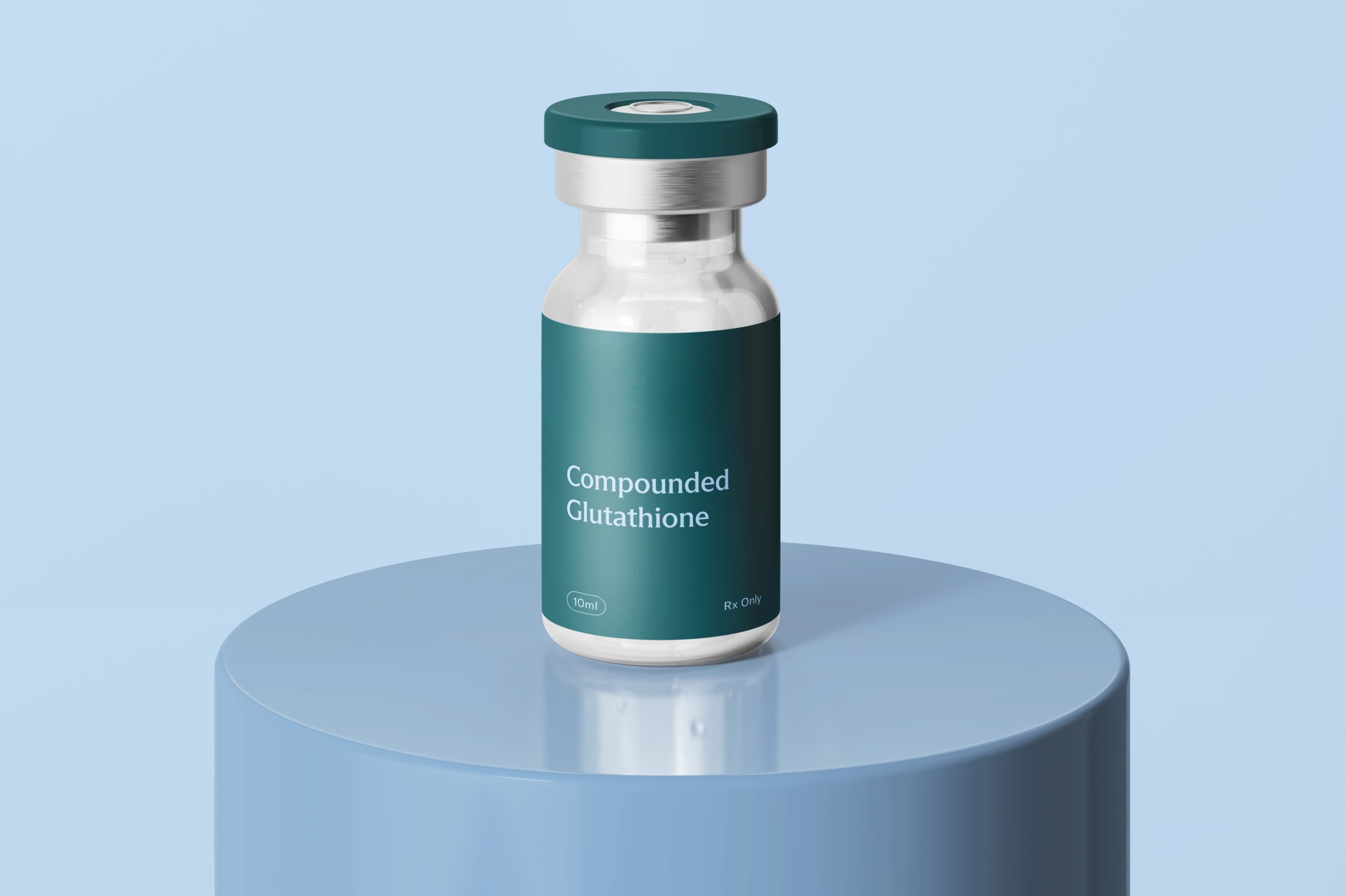 Vial of Compounded Glutathione on a blue table