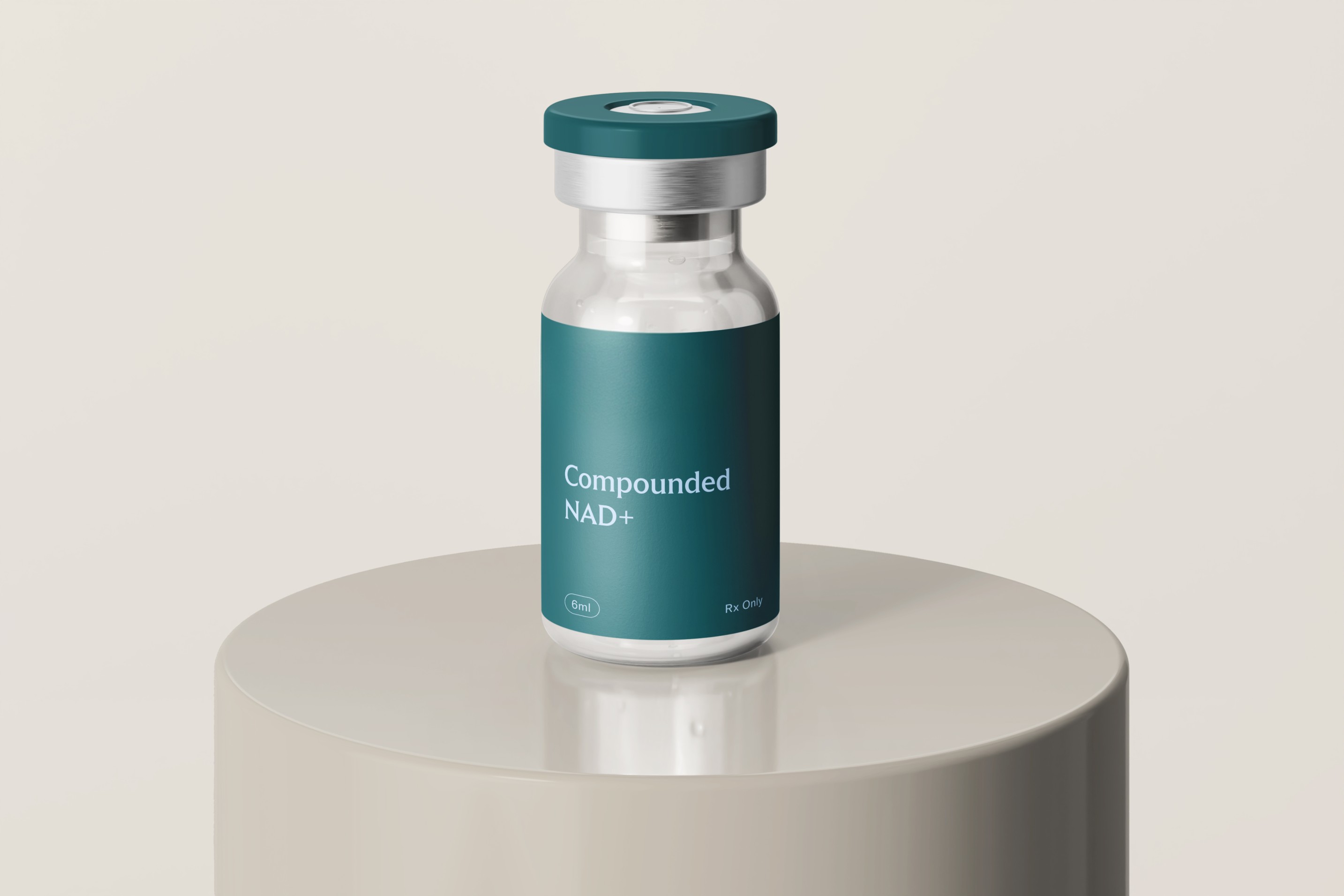Vial of Compounded NAD+ on cream table