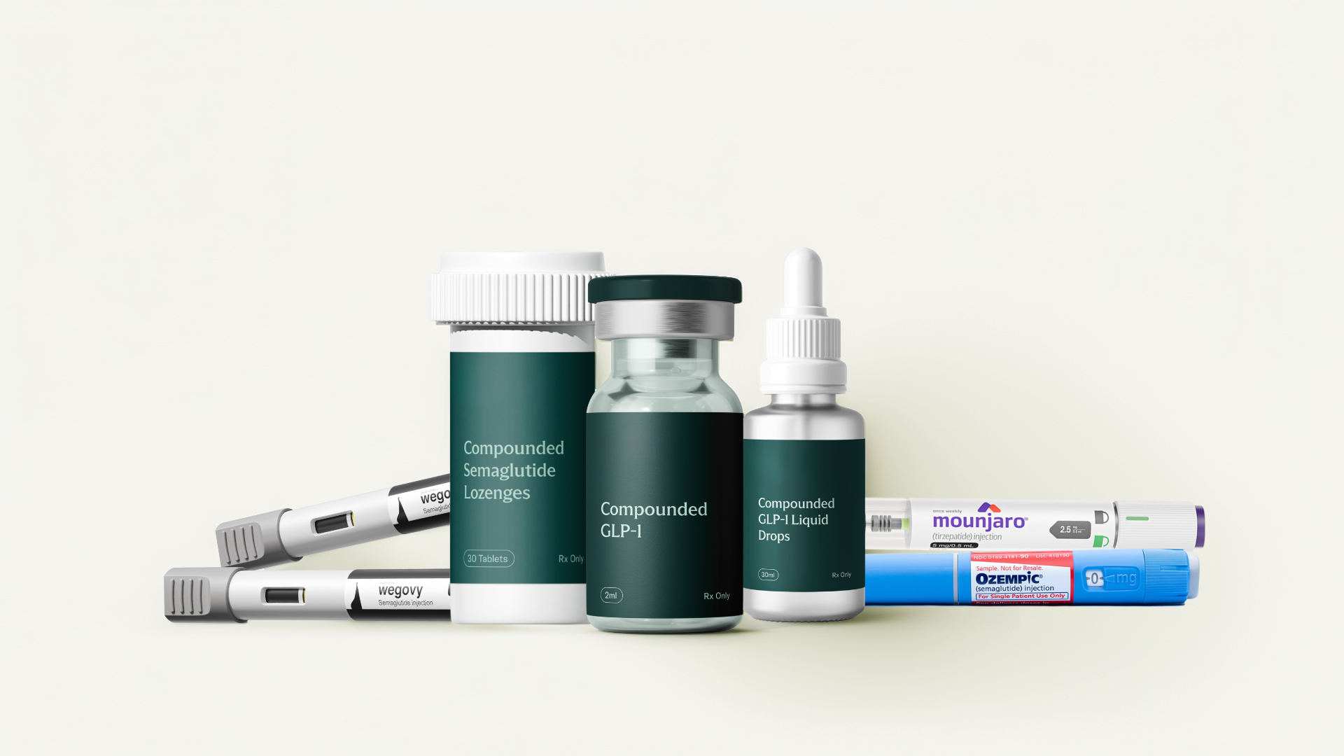 GLP-1 medications including Wegovy and Ozempic pens, compounded injection vial, liquid drops vial, and lozenges container