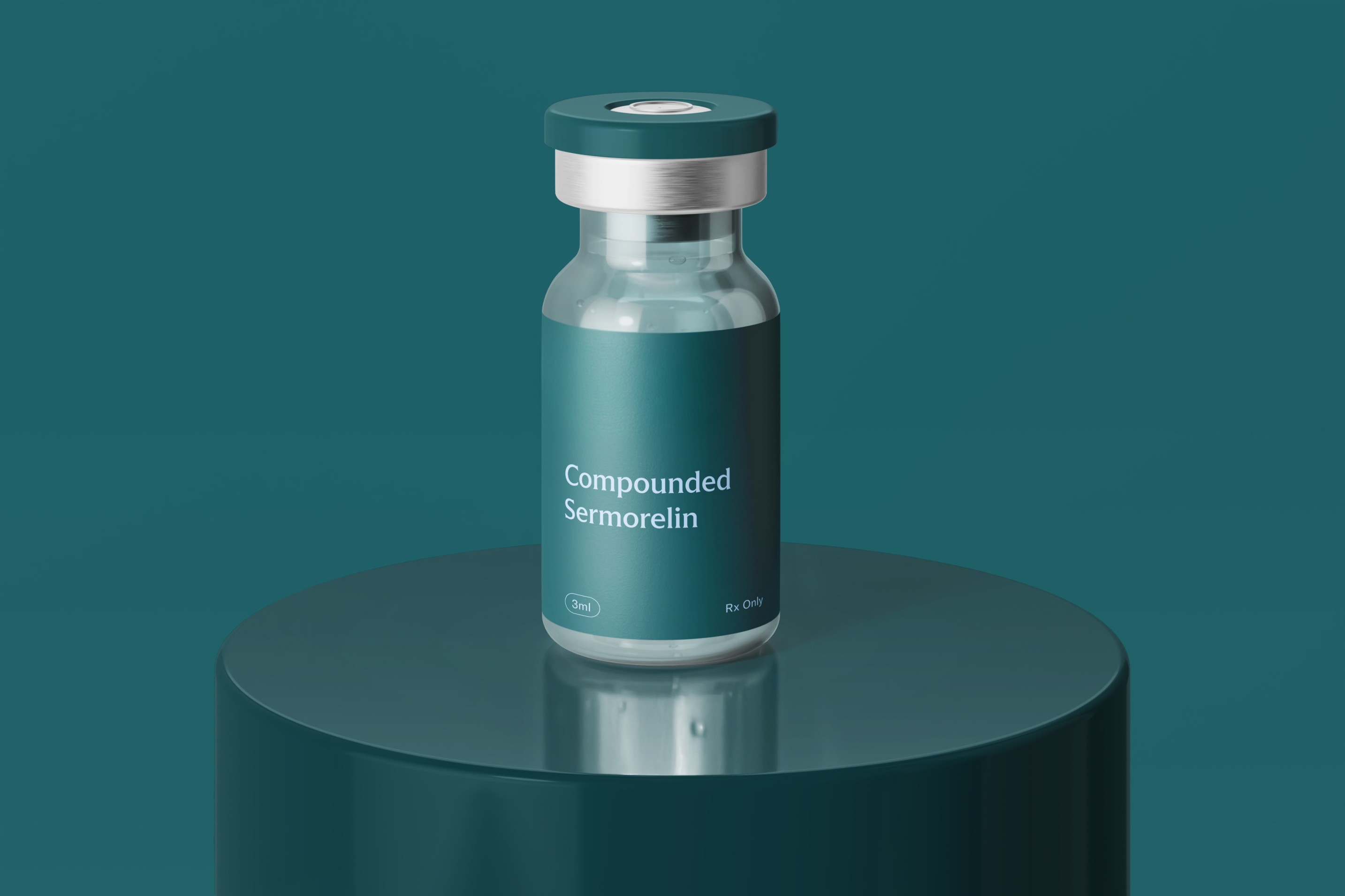 Medication vial labeled "Compounded Semorelin" on round table