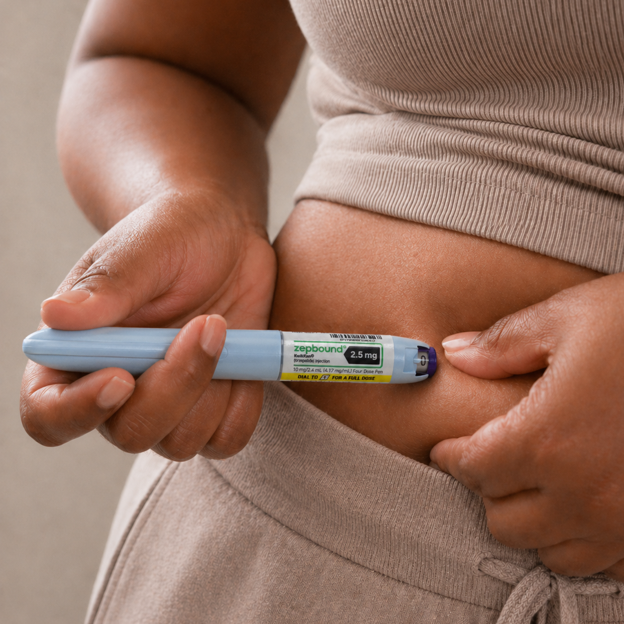 Person injecting Zepbound KwikPen in abdomen