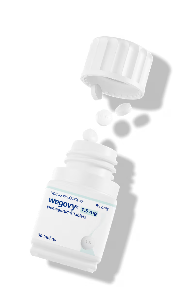 Bottle of Wegovy pills with pills floating out the top