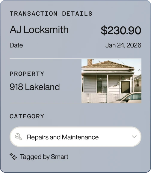 Transaction details showing AJ Locksmith charge of $230.90 on Jan 24, 2026 for property 918 Lakeland, categorized under Repairs and Maintenance with a house image.