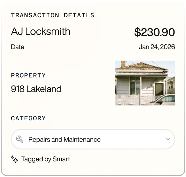 Transaction details showing AJ Locksmith service costing $230.90 on Jan 24, 2026, for property 918 Lakeland under Repairs and Maintenance category.