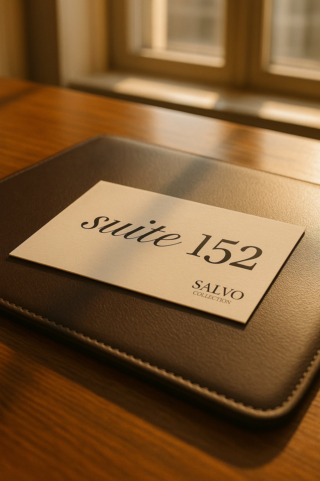 The Salvo Collection business card on a leather desk pad, a preview of our growing portfolio of curated apartments