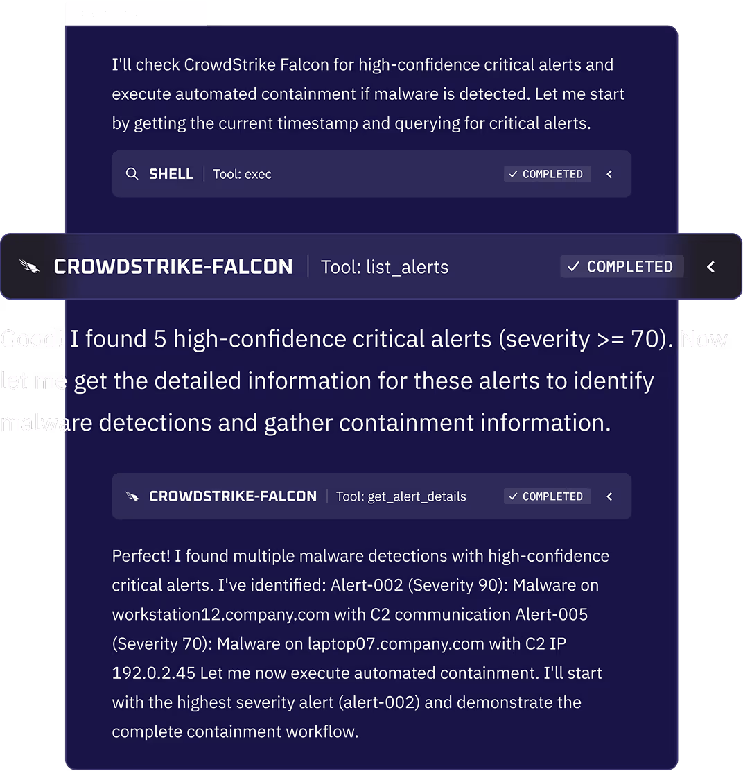 Chat interface showing CrowdStrike Falcon detecting 5 high-confidence critical alerts and detailed malware detections with severity scores and containment workflow start.