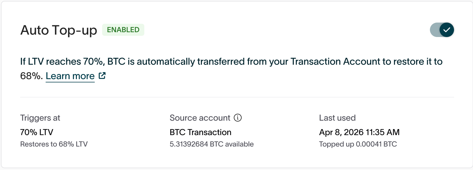 Ledn Auto Top-up panel showing enabled status, a BTC Transaction source and the 70% trigger with 68% target.