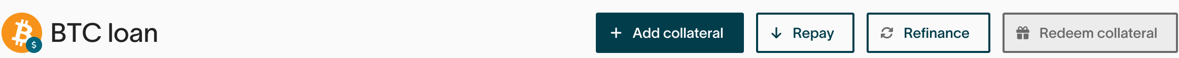 Ledn Bitcoin loan action bar showing Add collateral and Repay as separate actions.