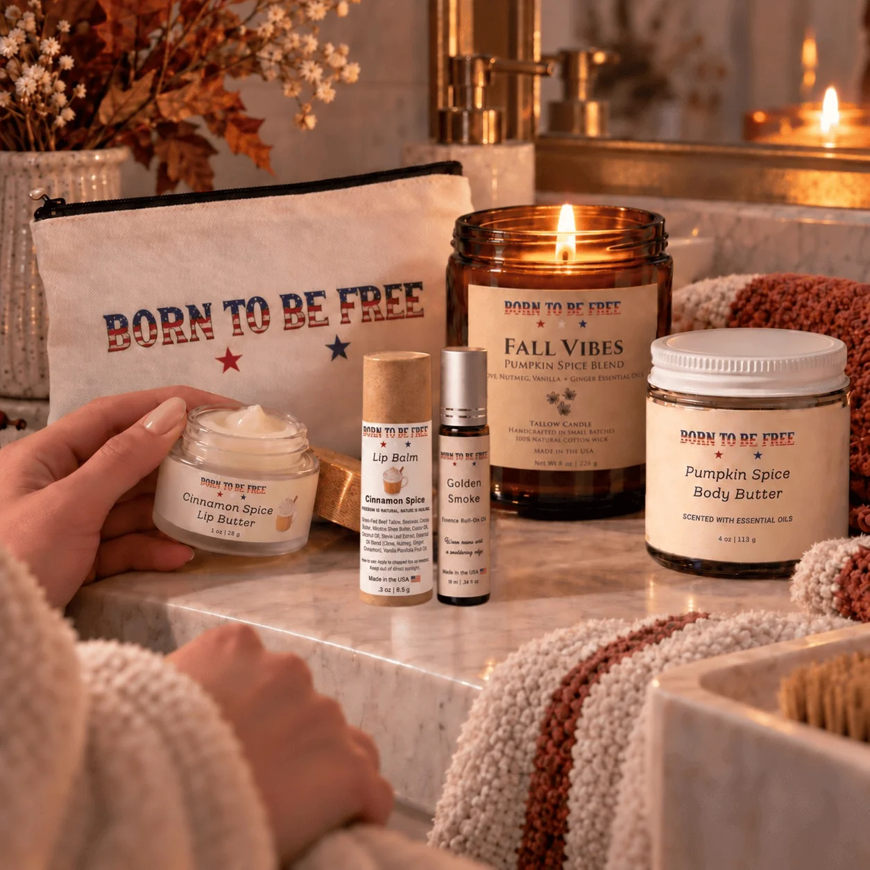 Born To Be Free skincare and candle products