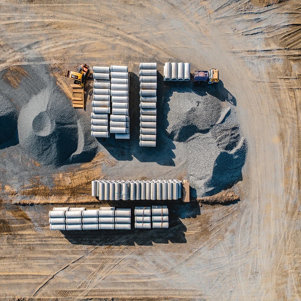 Sauber angereihte Bauteile auf einem Schottergelände - ähnlich wie aufgeräumte zentrale Produktdaten in einem Bauunternehmen