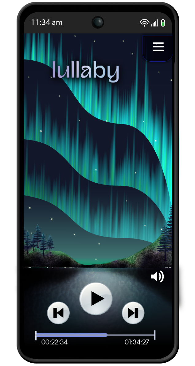 Lullaby Sleep Sounds app - illustrated media player screen "Aurora Borealis"