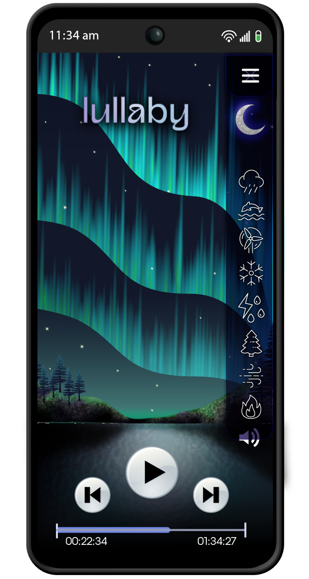 Lullaby Sleep Sounds app - illustrated media player screen "Aurora Borealis"