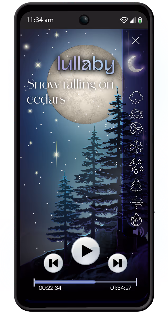 Lullaby Sleep Sounds app - illustrated media player screen "Snow falls on cedars".
