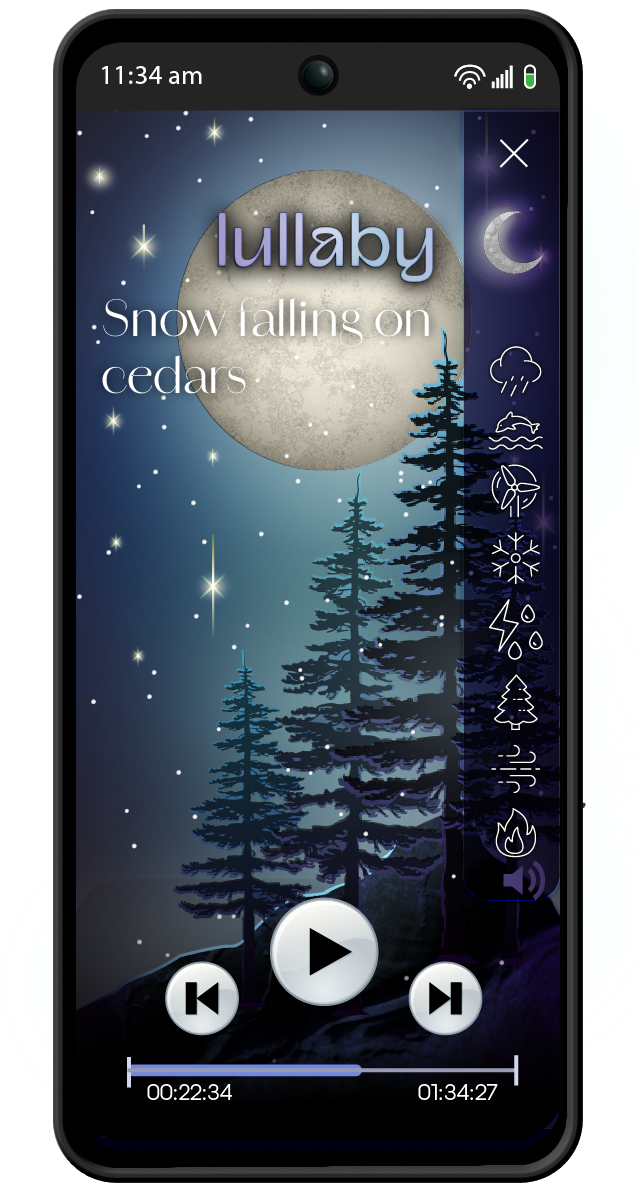 Lullaby Sleep Sounds app - illustrated media player screen "Snow falls on cedars".