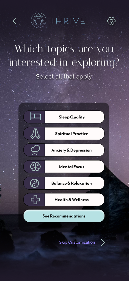 Thrive App - onboarding prototype screen