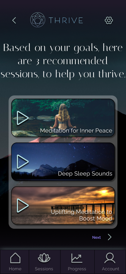 Thrive App - prototype recomendations screen
