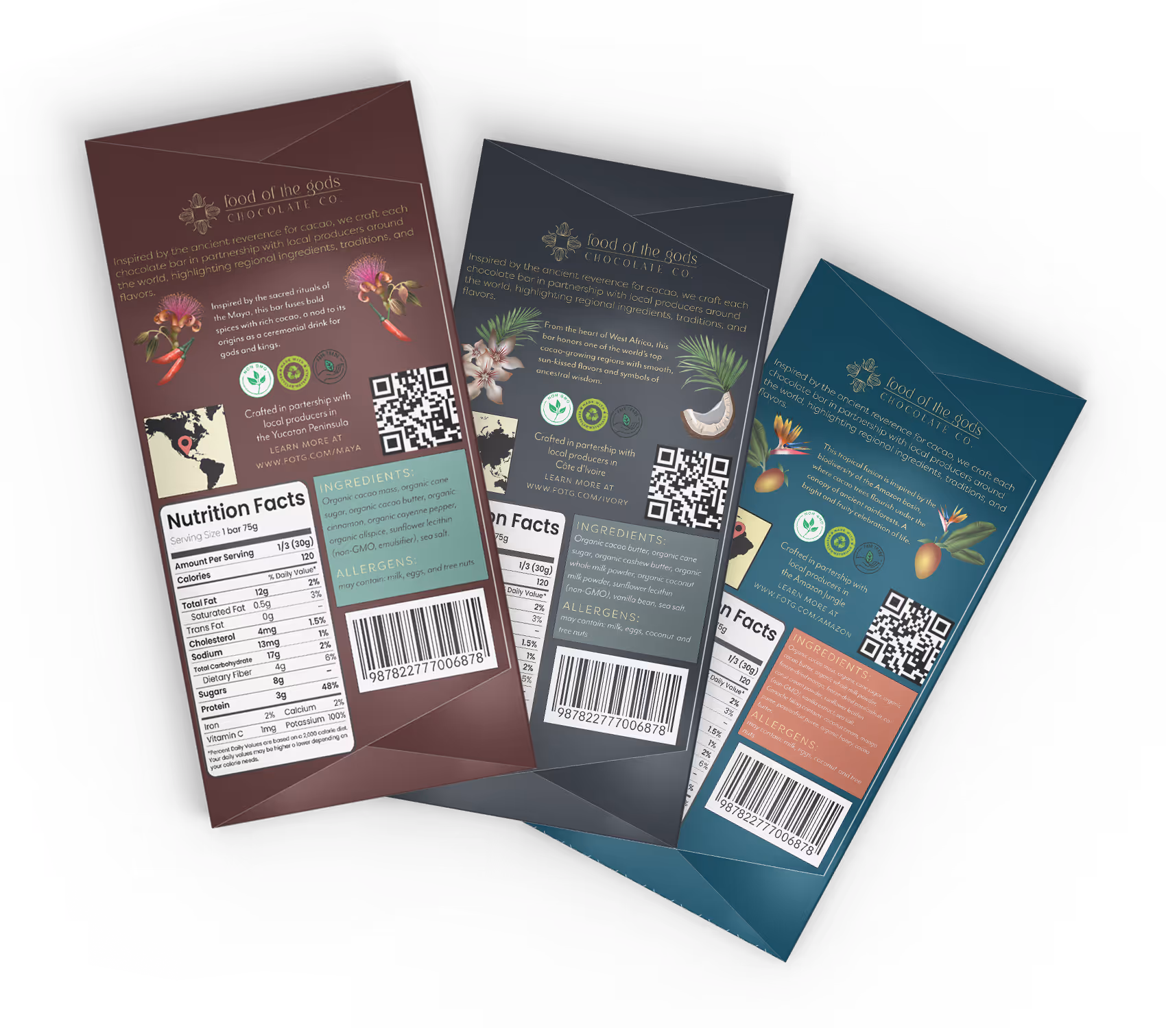 Trio of chocolate bars, back label designs for Food of the Gods project