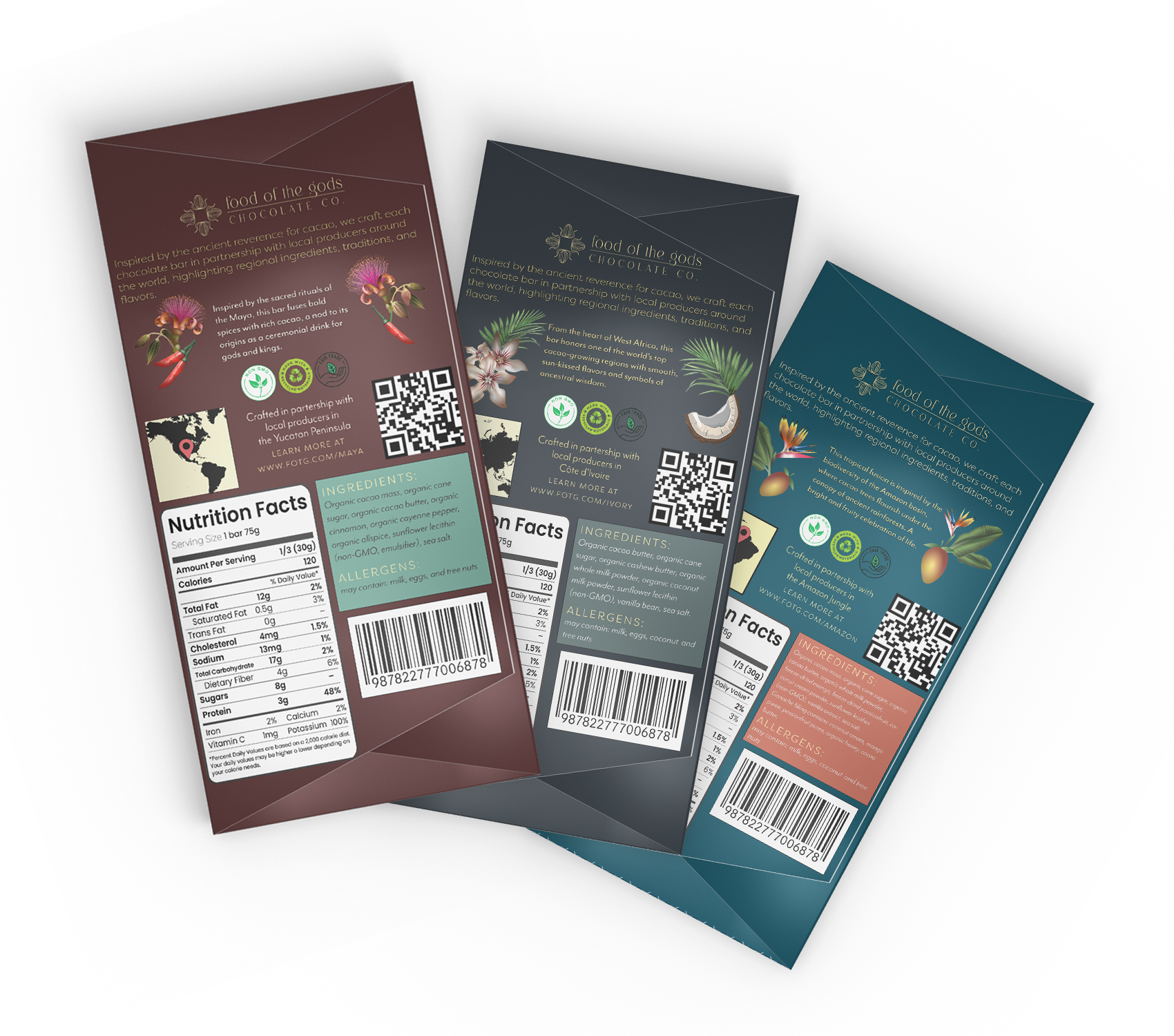 Trio of chocolate bars, back label designs for Food of the Gods project