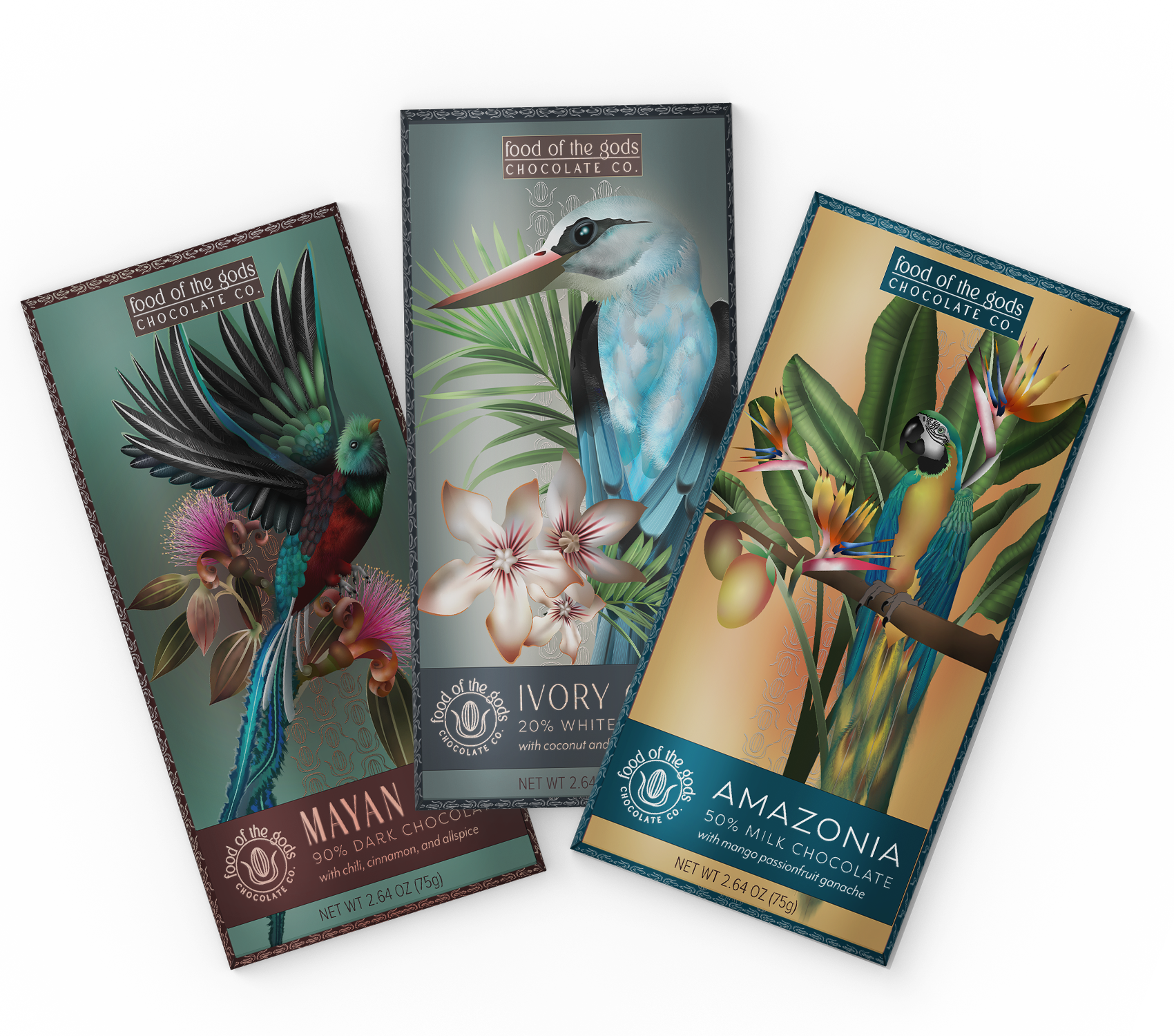 Trio of chocolate bars, back label designs for Food of the Gods project