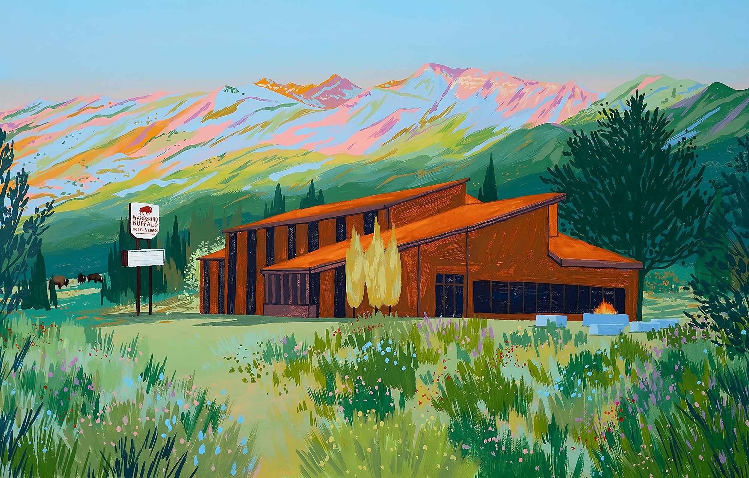 A painting image of the hotel property on a greenery field, and mountain background.