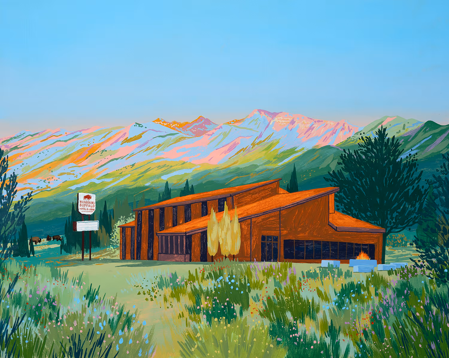 Illustration of a modern building with large windows and a fire pit outside, set in a grassy field with wildflowers, surrounded by trees, and colorful mountains in the distance under a blue sky.