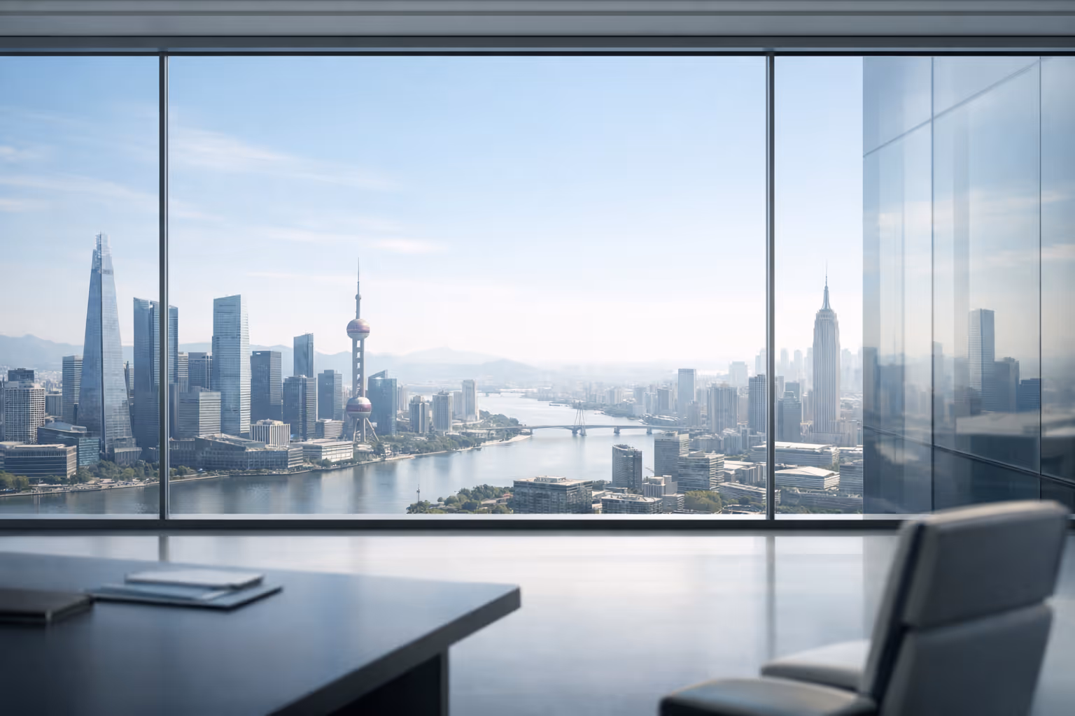 Modern office interior with a view of a city skyline featuring skyscrapers, a river, and bridges through large floor-to-ceiling windows.