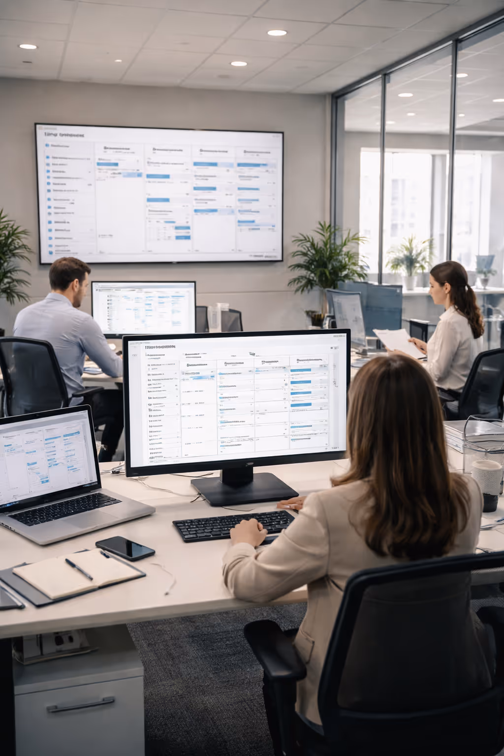 Illustration of diverse people collaborating in an office setting with charts, meetings, and teamwork icons symbolizing business growth and project management.