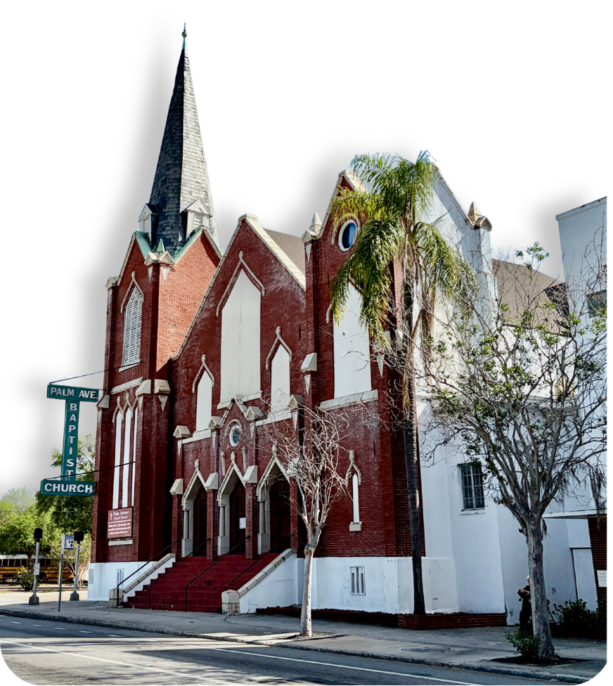 Palm Avenue Baptist Church building exterior at the corner of Palm Avenue, Tampa Heights