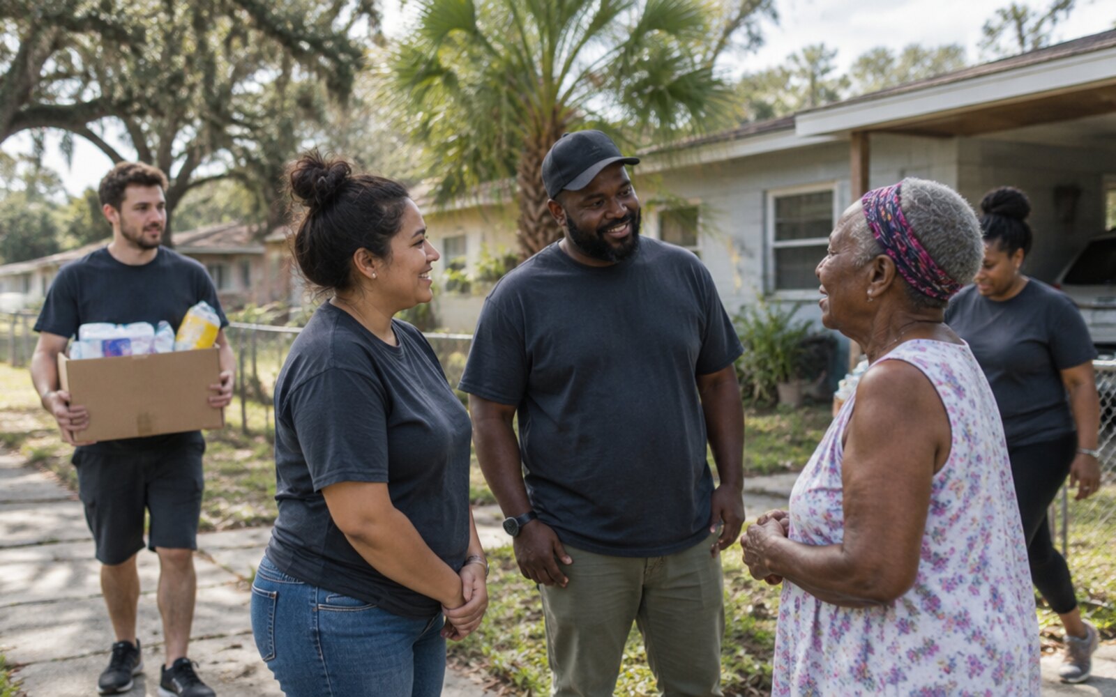 Adopt-A-Block volunteers praying with a neighbor on a Tampa street — stylized illustration