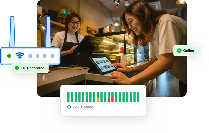 A woman using a tablet to order at a restaurant in front of the counter