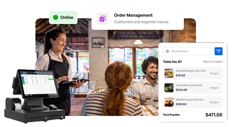 Flyghts omnichannel ordering platform imposed on a picture of a family ordering at a table