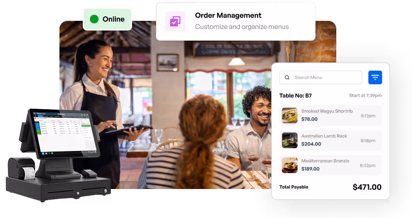 An image of a POS screen layered on top of a full service restaurant