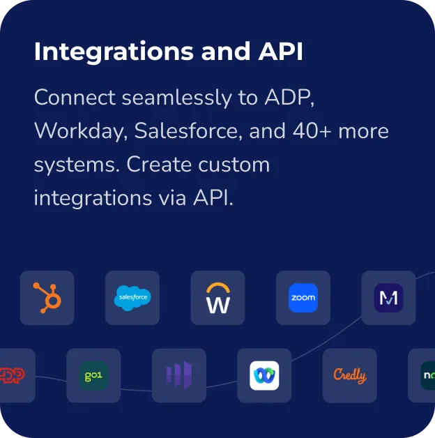 Integrations and API: Connect seamlessly to ADP, Workday, Salesforce, and 40+ more systems. Create custom integrations via API.