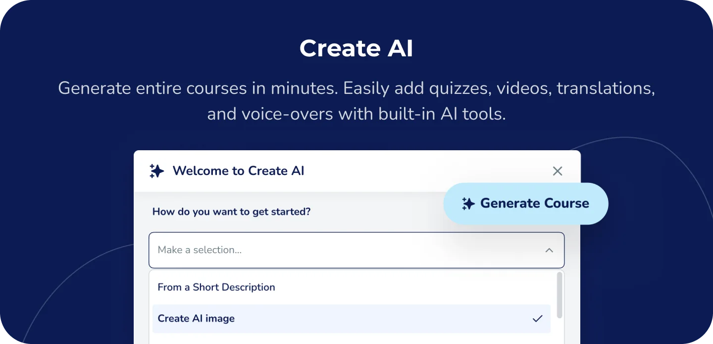 Create AI: Generate entire courses in minutes. Easily add quizzes, videos, translations, and voice-overs with built-in AI tools.