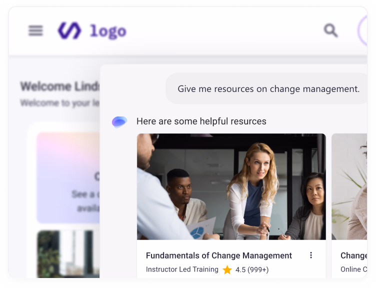 Absorb LMS interface showing Aura returning course recommendations in response to a request for change management resources, with the Fundamentals of Change Management course appearing in results.