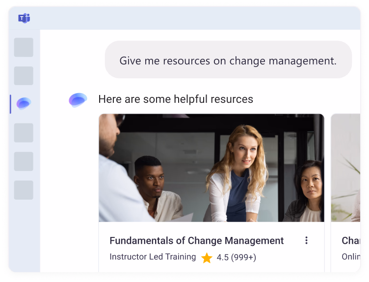 Microsoft Teams interface showing a user asking Aura for change management resources. Aura responds with a list of helpful resources without leaving the conversation. 
