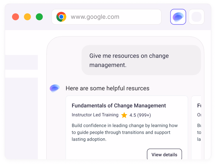 Chrome browser with the Aura extension open. A user asks for change management resources and Aura surfaces the Fundamentals of Change Management course with a description and View details link.