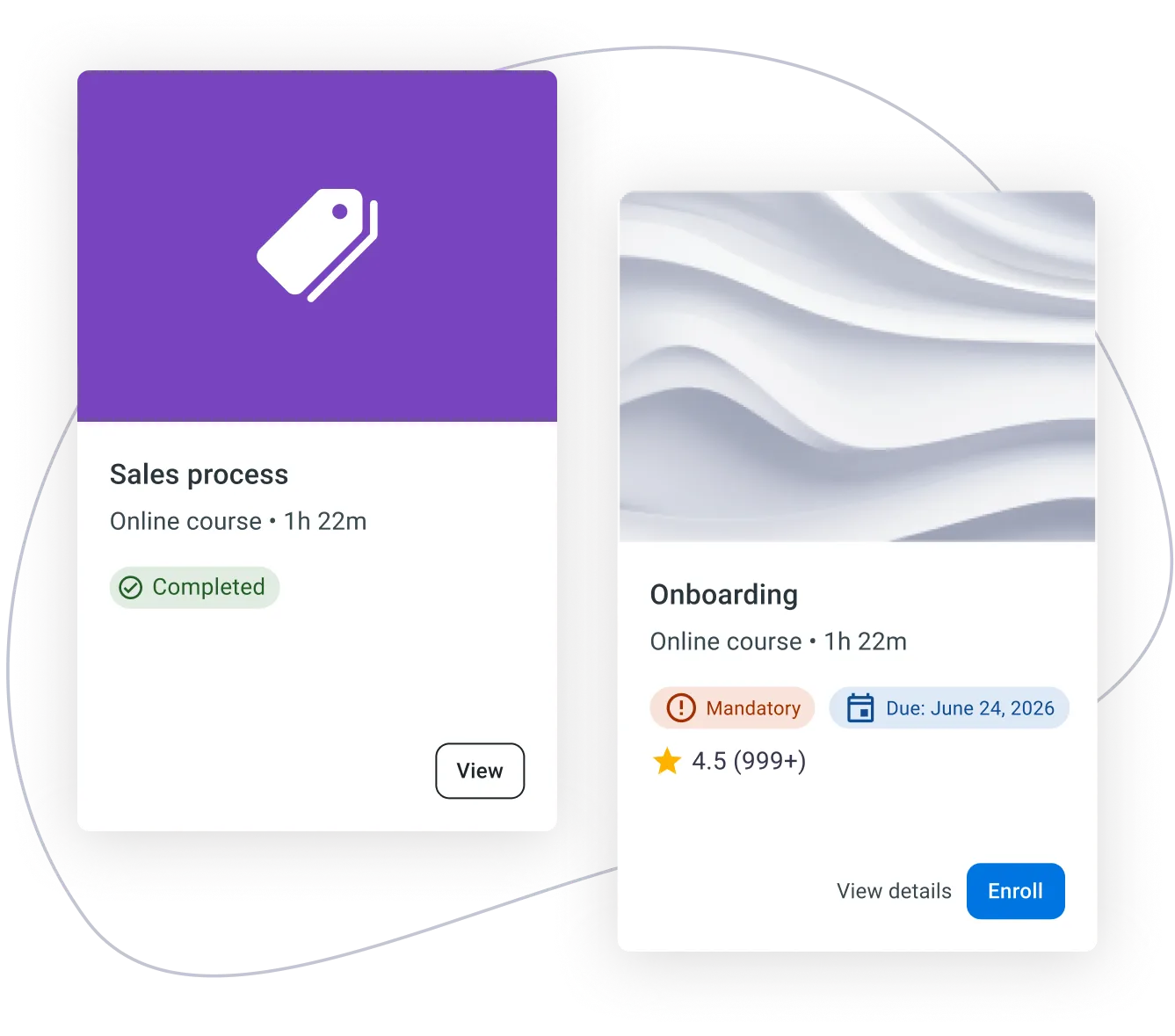 Product UI showing sales process and onboarding course cards
