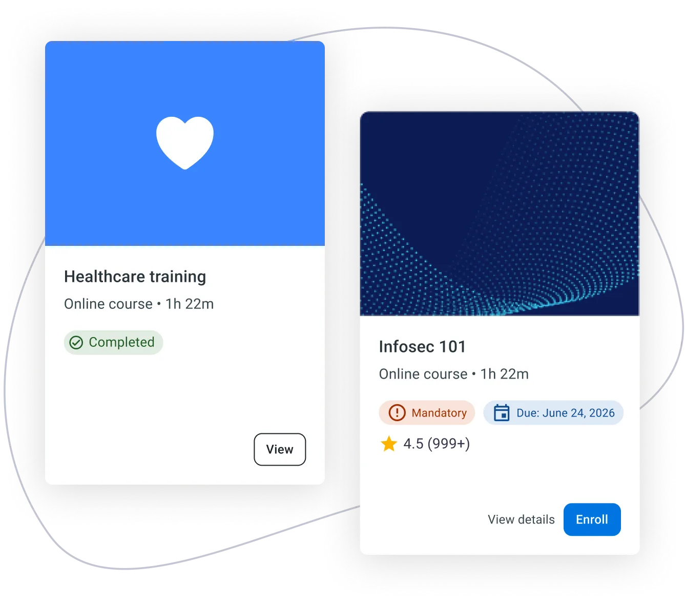 Product UI showing healthcare and infosec training course cards