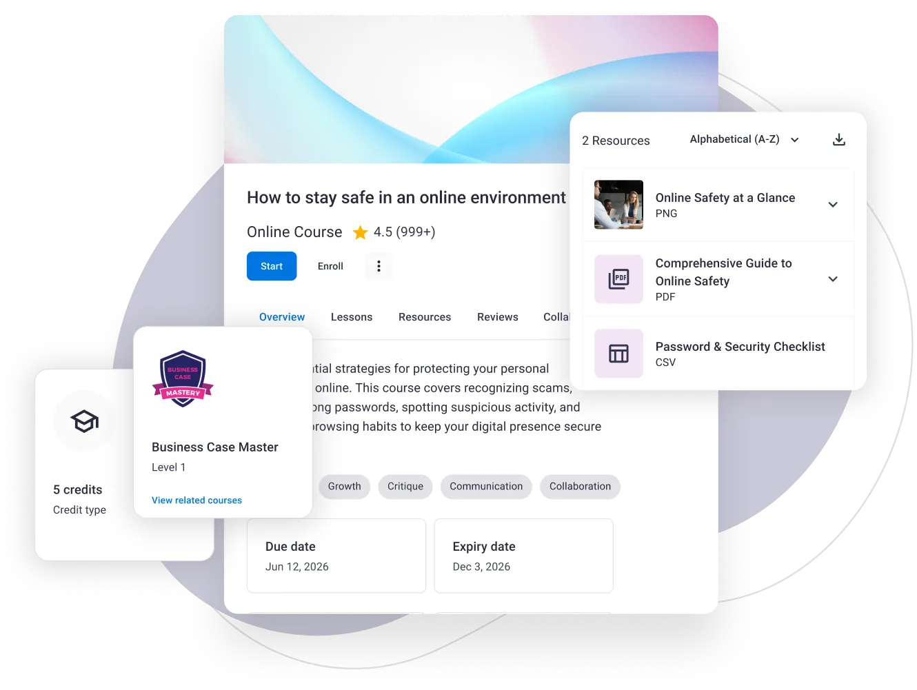 Product UI showing course resources with downloadable materials and certification badge