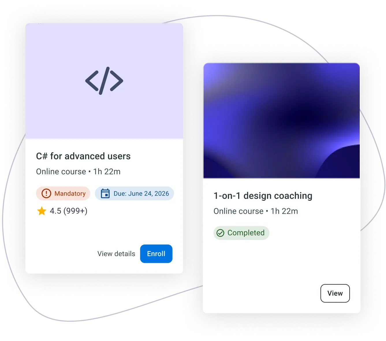 Product UI showing C# advanced and design coaching upskilling course cards