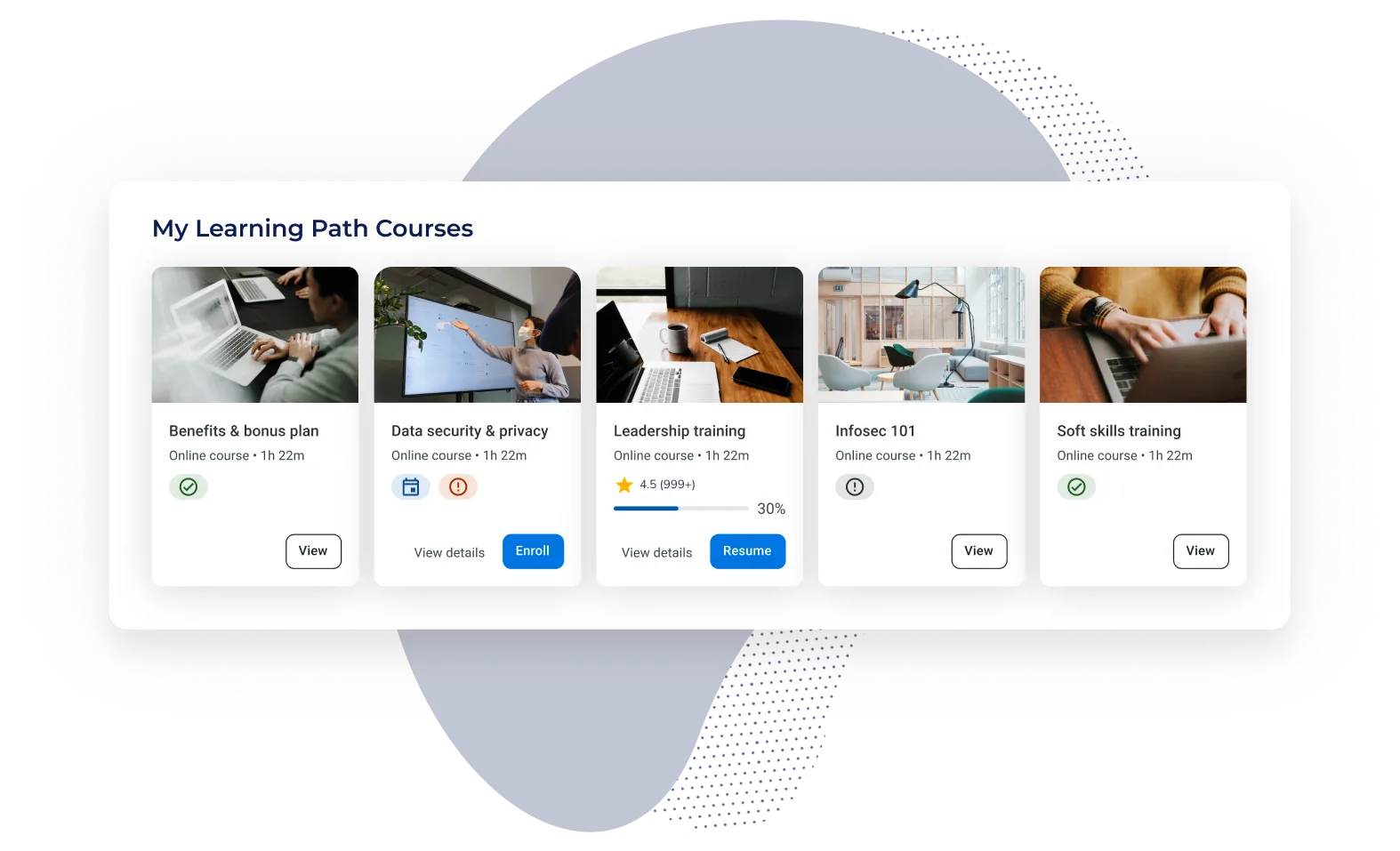 Product UI showing learning path courses with enrollment status