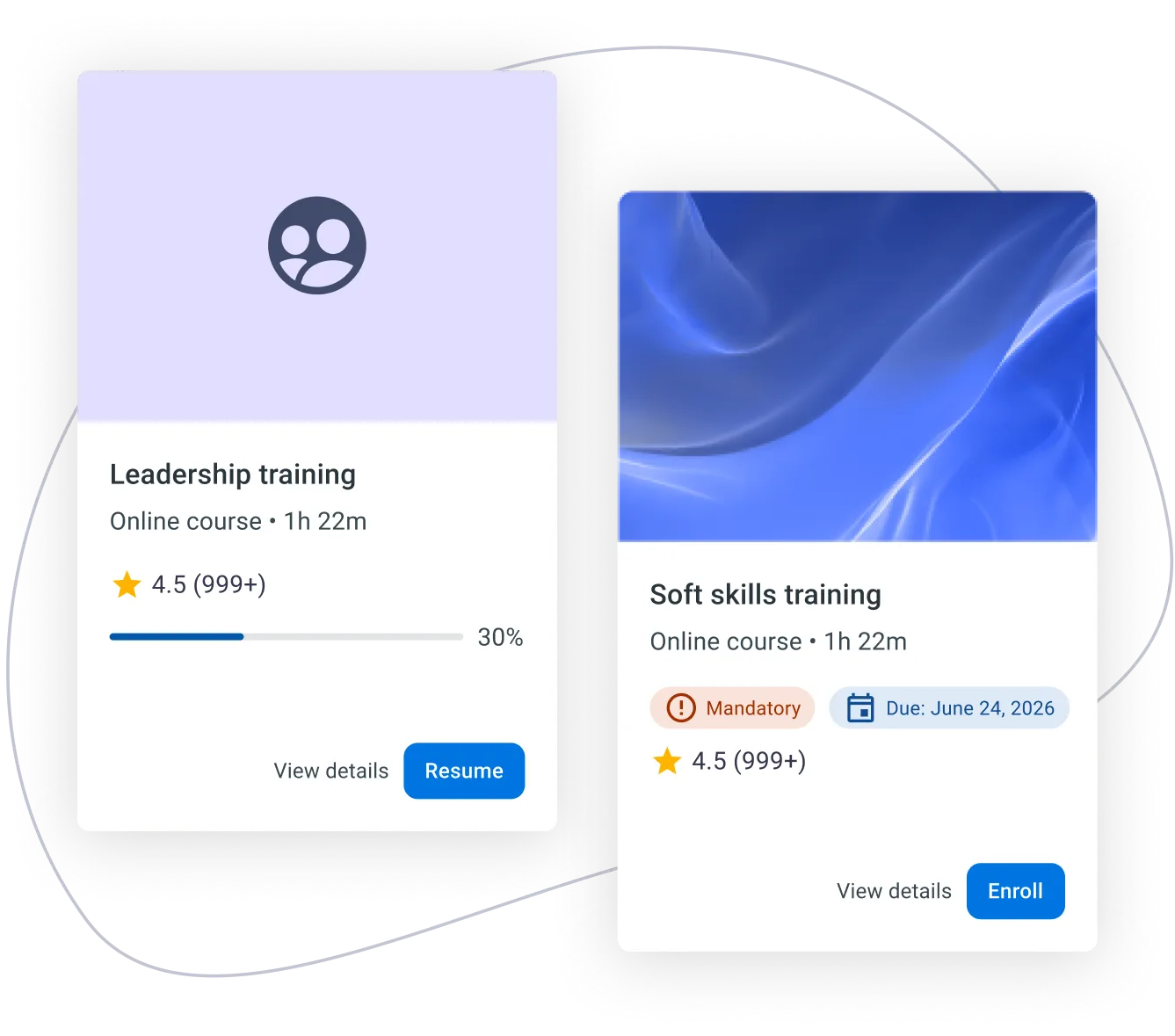 Product UI showing leadership and soft skills training course cards