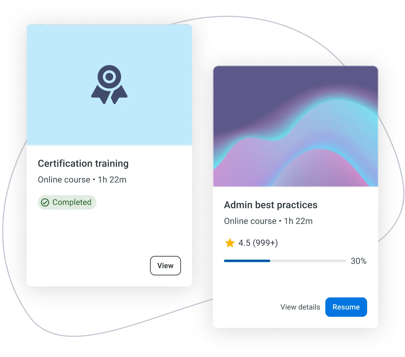 Product UI showing certification training and admin best practices course cards