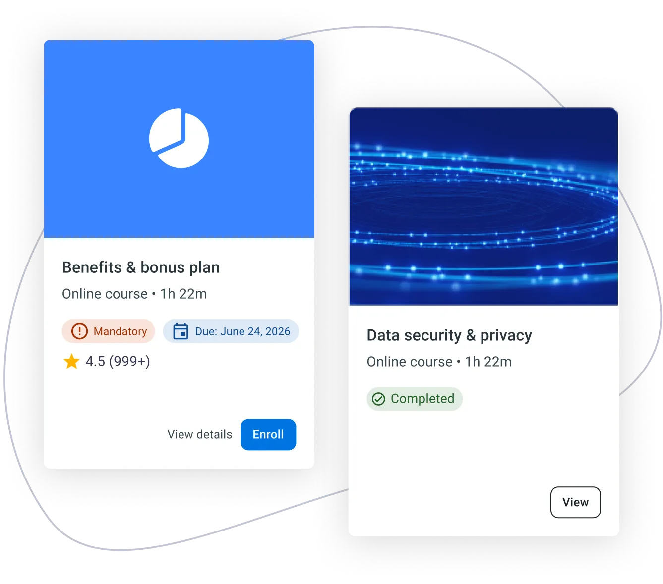 Product UI showing benefits and data security compliance training cards